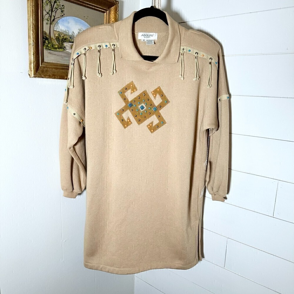 Adolfo Sport Vintage Deadstock Tunic Sweater Fringe Jeweled Drop Shoulder Medium